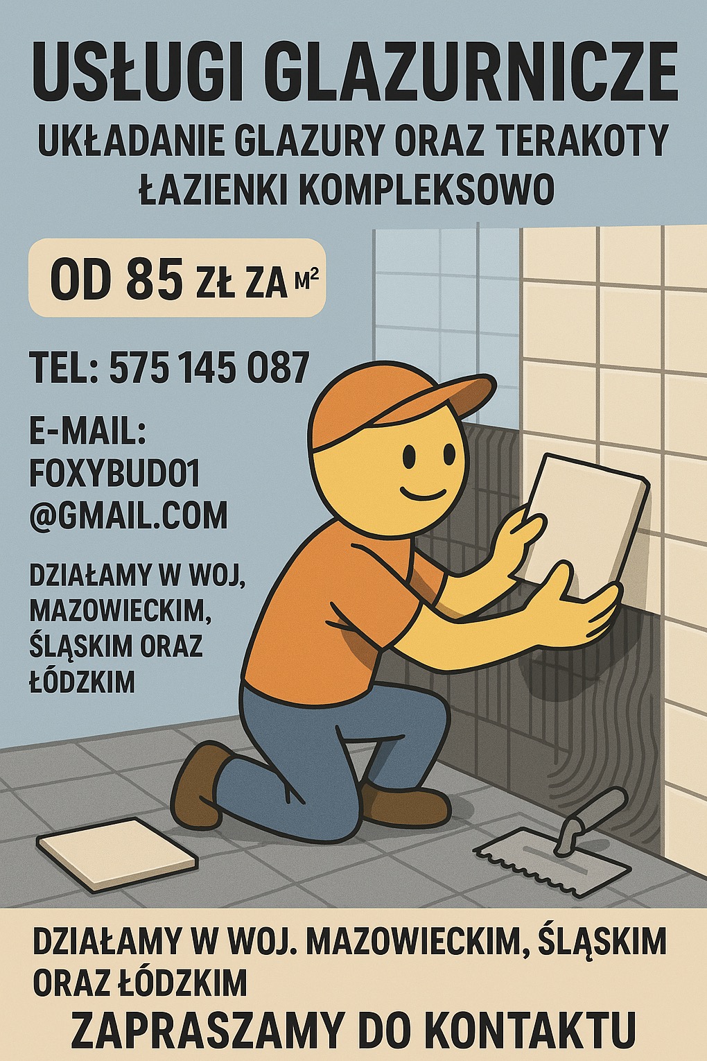 Ilustracja glazurnika układającego płytki, oferta usług z ceną od 85 zł/m2, kontakt telefoniczny i mailowy, obszar działania: Mazowieckie, Śląskie, Łódzkie.