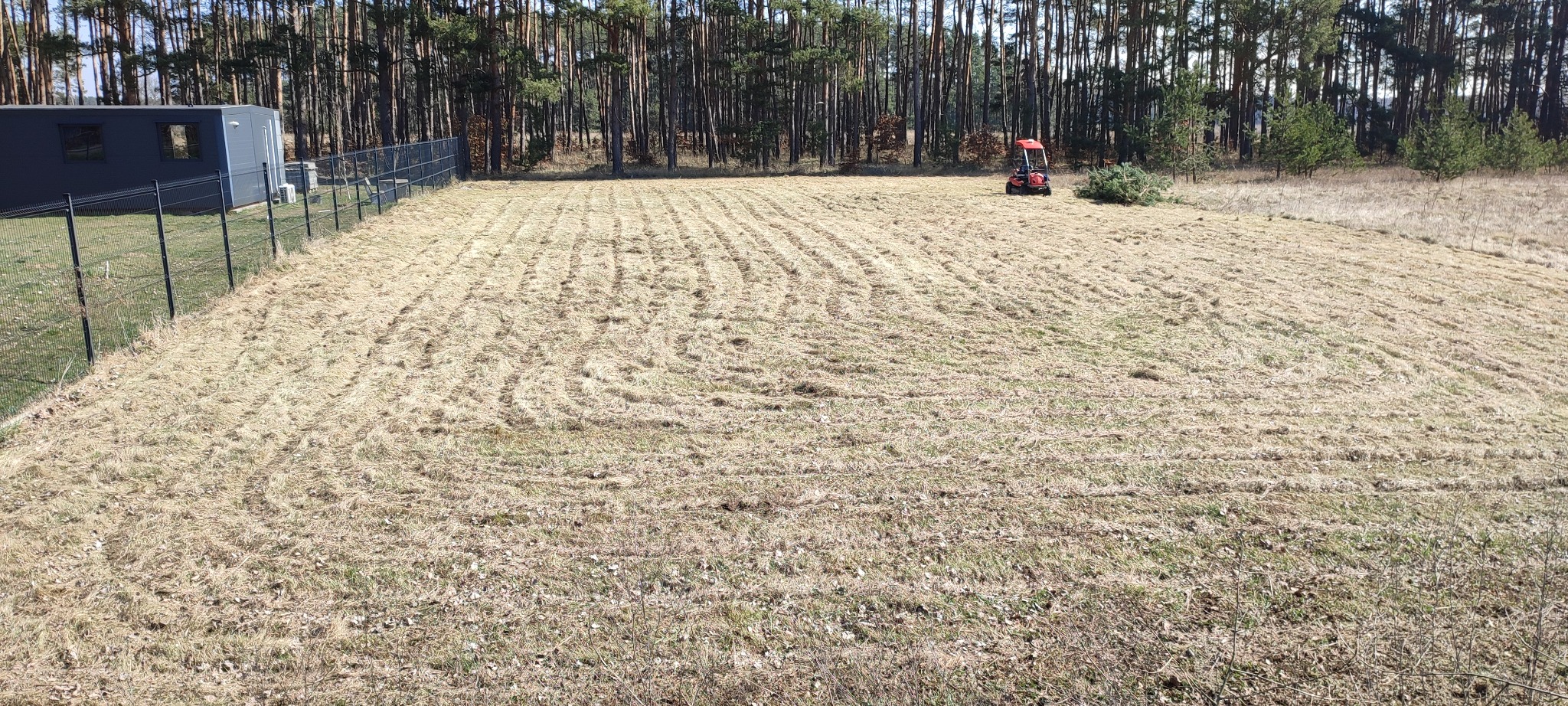Rozległy teren po koszeniu trawy z widocznymi śladami traktora, otoczony lasem i ogrodzeniem. W tle budynek. Po prawej stronie leżą ścięte gałęzie.