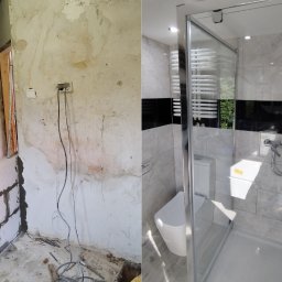 RADOSŁAW ŻARSKI REMONTEXPERT - Porównanie stanu surowego i wykończonego remontu łazienki: widok na ścianę z instalacją elektryczną przed położeniem płytek i gotowa kabina prysznicowa z toaletą w nowoczesnym stylu.