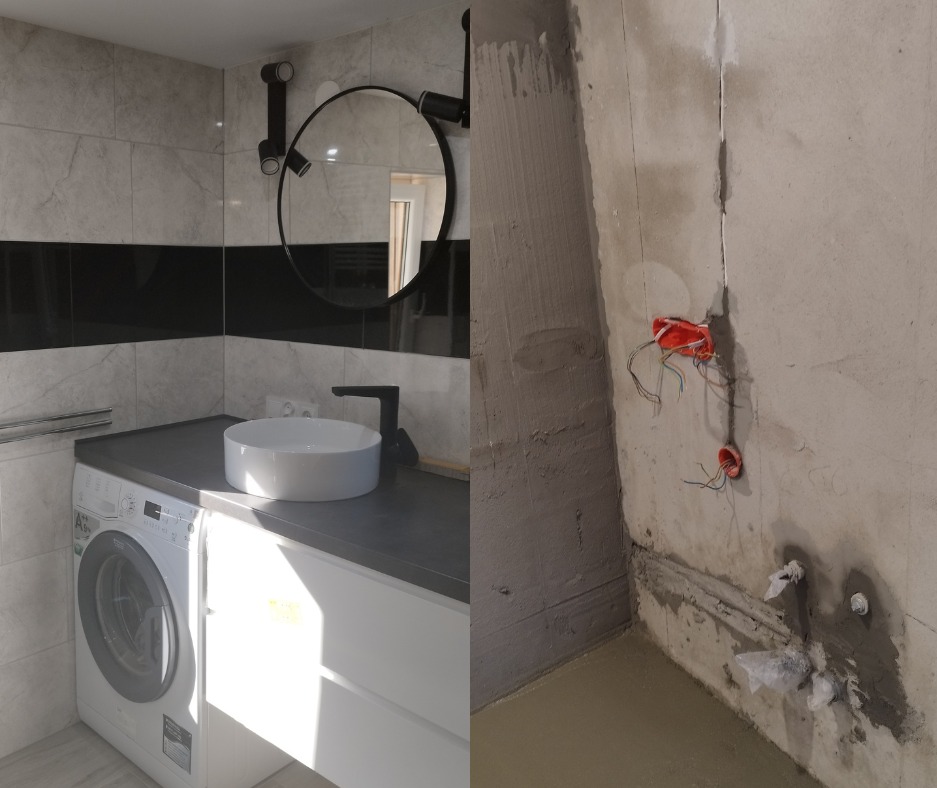 Dzielone ujęcie łazienki: po lewej wykończona część z szarą płytką, czarnym pasem dekoracyjnym, okrągłym lustrem z oświetleniem, białą umywalką nablatową na szarym blacie nad pralką; po prawej...