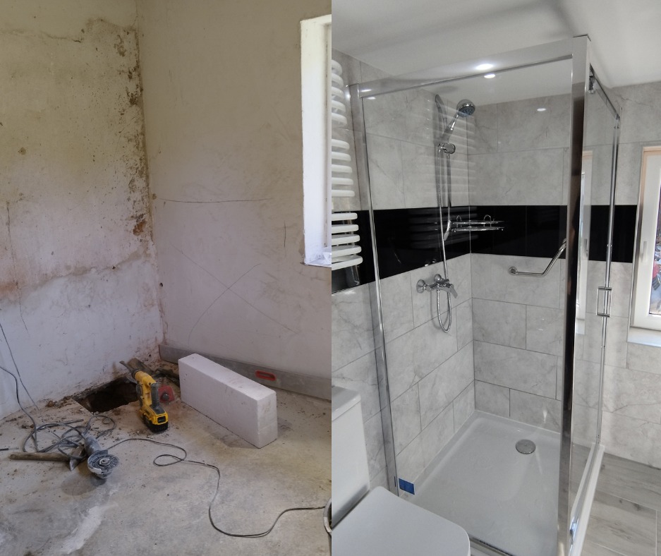 Zdjęcie przedstawia metamorfozę łazienki: po lewej surowe ściany z widocznymi śladami prac, narzędzia i materiały budowlane, po prawej nowoczesna kabina prysznicowa z szarymi płytkami imitującymi...