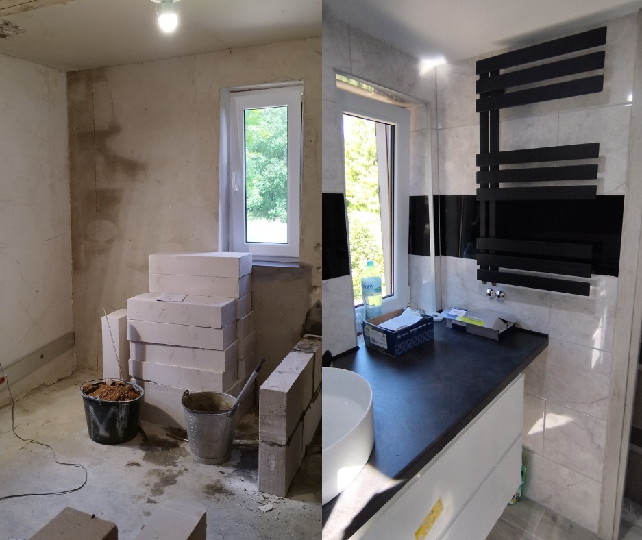 Porównanie stanu łazienki przed i po remoncie: surowe ściany z oknem, sterta bloczków i wiadro z zaprawą versus wykończona łazienka z czarno-białymi płytkami, grzejnikiem drabinkowym i umywalką...