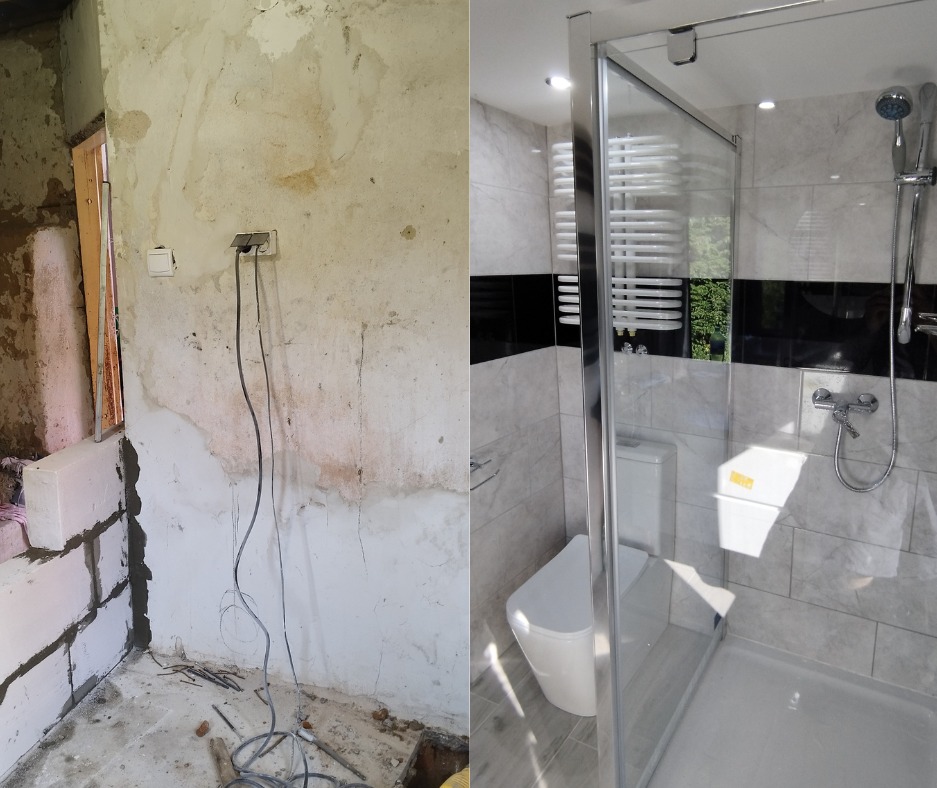 Porównanie stanu surowego i wykończonego remontu łazienki: widok na ścianę z instalacją elektryczną przed położeniem płytek i gotowa kabina prysznicowa z toaletą w nowoczesnym stylu.