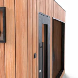 Częściowy widok zewnętrzny budynku z drewnianą elewacją, czarną stolarką okienną i drzwiową oraz małym okienkiem z wieszakami wewnątrz.