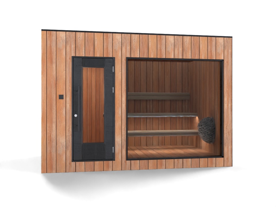 Wizualizacja zewnętrzna małej, drewnianej konstrukcji z drzwiami i dużym oknem, ukazującym wnętrze z drewnianymi ławkami i kamieniami do sauny.