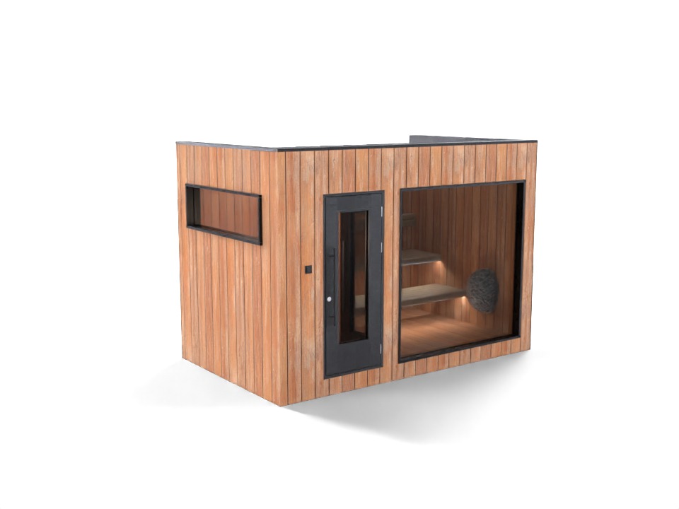 Nowoczesna sauna zewnętrzna z drewnianą elewacją, czarną stolarką okienną i przeszkloną ścianą boczną, ukazującą oświetlone półki wewnątrz.