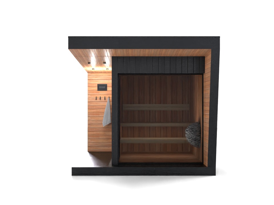 Nowoczesna, minimalistyczna sauna zewnętrzna z drewnianym wnętrzem, widocznym piecem na kamienie i zewnętrzną ścianą z jasnego drewna z wieszakami na ręczniki.