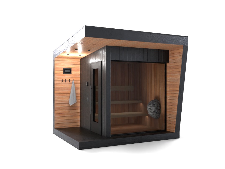 Nowoczesna, minimalistyczna sauna zewnętrzna z drewnianym wykończeniem, oświetleniem punktowym i szklanymi drzwiami, prezentowana na białym tle.