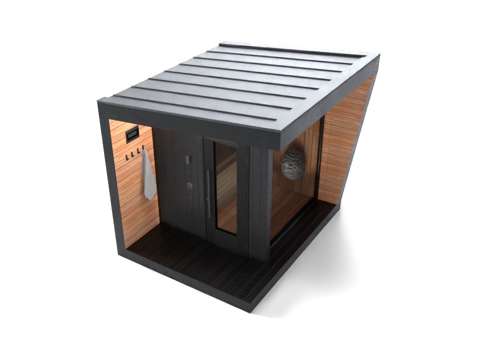 Nowoczesna, minimalistyczna kabina z drewna i czarnego metalu z płaskim dachem, wyposażona w wieszaki na ręczniki i ozdobną kulę wewnątrz.