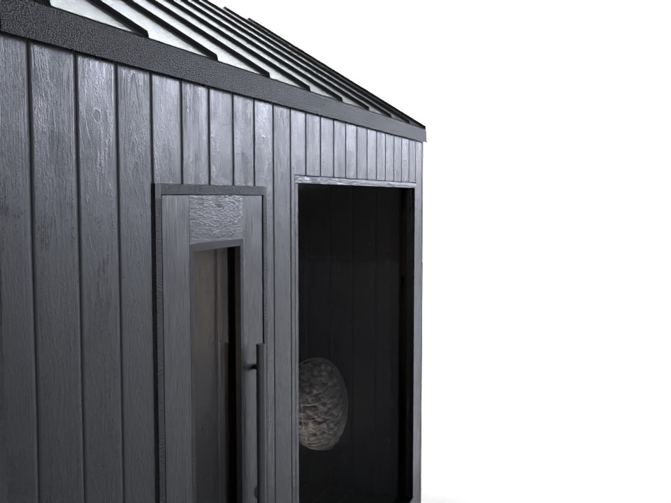 Zewnętrzny widok sauny ogrodowej z szarego drewna z przeszkleniem, widoczny fragment dachu z czarnej blachy i drzwi wejściowe.