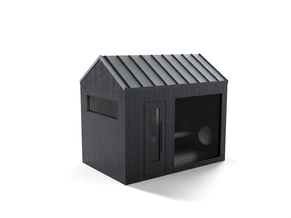 Czarna, minimalistyczna konstrukcja z drewna z metalowym dachem, przypominająca mały domek z oknami i otwartą przestrzenią, prezentowana na białym tle.