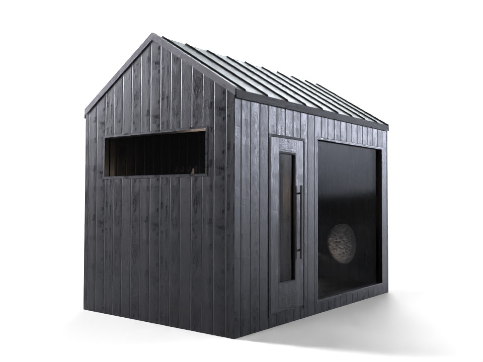 Nowoczesna, minimalistyczna konstrukcja z ciemnego drewna o prostej bryle z płaskim dachem, dużym oknem i drzwiami z przeszkleniem.