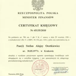 Certyfikat Księgowy nr 45135/2010 - Stefan Ocetkiewicz