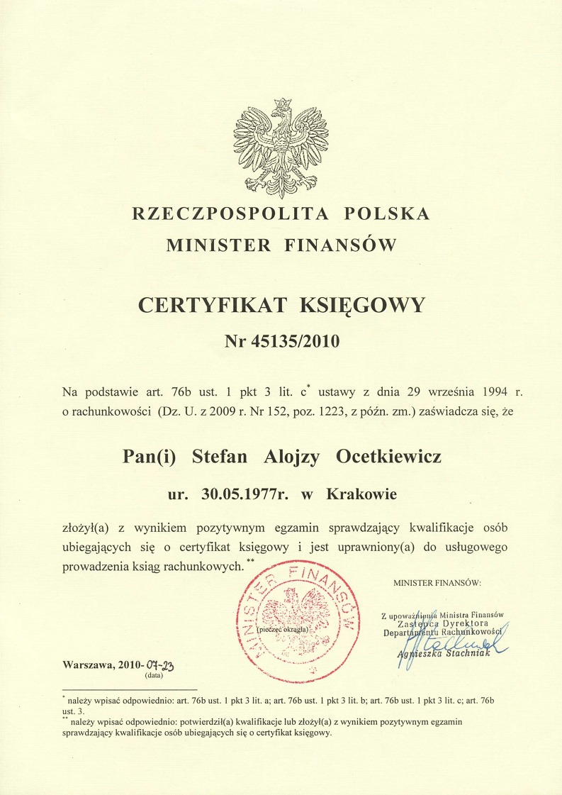 Certyfikat Księgowy nr 45135/2010 - Stefan Ocetkiewicz