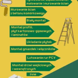 Grafika reklamowa firmy POLREMAX z Radecz przedstawiająca zakres usług budowlanych i remontowych, w tym murowanie ścian, biały montaż, układanie płytek i montaż drzwi, z podanym numerem telefonu...