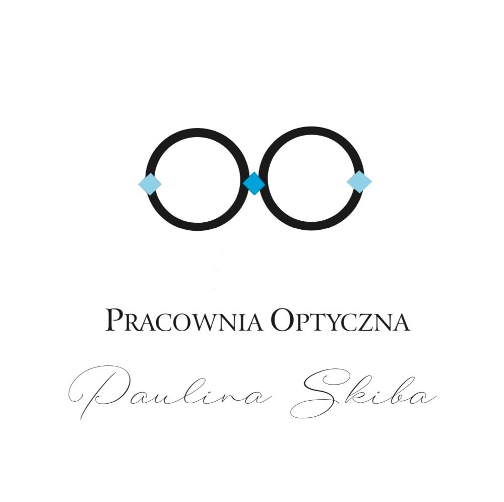 Logo Pracowni Optycznej Paulina Skiba z symbolem okularów z niebieskimi rombami zamiast śrubek na białym tle.
