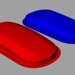 Night Sky Yachts Paweł Wesołowski - Wizualizacja 3D dwóch plastikowych obudów w kolorach czerwonym i niebieskim na szarym tle, ukazująca ich kształt i wykończenie.