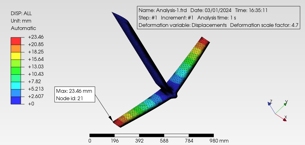 Symulacja komputerowa naprężeń na elemencie konstrukcyjnym w kształcie litery T, z kolorową skalą odzwierciedlającą wartości odkształceń w milimetrach, maksymalne odkształcenie 23.46 mm w węźle 21,...