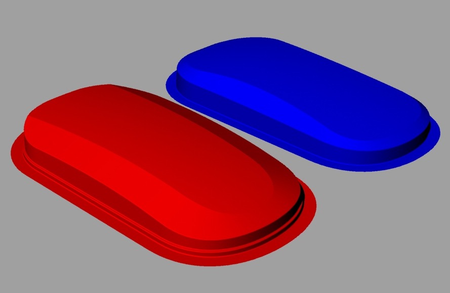 Wizualizacja 3D dwóch plastikowych obudów w kolorach czerwonym i niebieskim na szarym tle, ukazująca ich kształt i wykończenie.