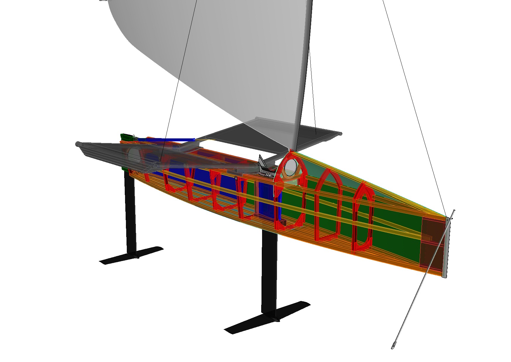 Wizualizacja 3D przekroju jachtu żaglowego z widoczną konstrukcją kadłuba, żaglem i płetwami stabilizującymi.