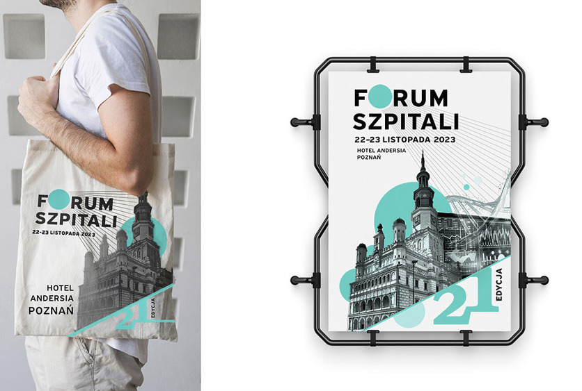 Mężczyzna z torbą bawełnianą z nadrukiem grafiki Forum Szpitali, obok plakat w czarnej ramie z identycznym motywem graficznym, prezentującym datę i lokalizację wydarzenia.