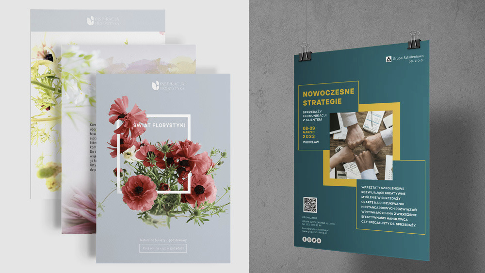 Dwa plakaty: jeden z kwiatową grafiką i napisem 'Świat Florystyki', drugi zielony z hasłem 'Nowoczesne Strategie' i zdjęciem złączonych dłoni w okręgu.