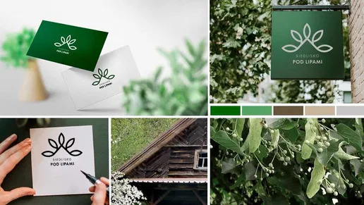 Zestawienie wizualizacji identyfikacji marki 'Siedlisko Pod Lipami': wizytówki w odcieniach zieleni, szyld na budynku, szkic logo, fragment zabudowań i gałązki lipy. Paleta kolorów.