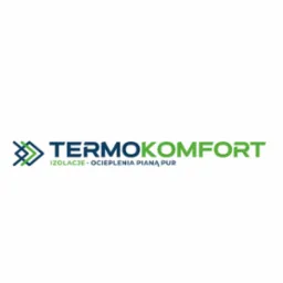 Logo firmy Termokomfort w kolorach zielonym i niebieskim, z hasłem 'Izolacje • Ocieplenia Pianą PUR'.