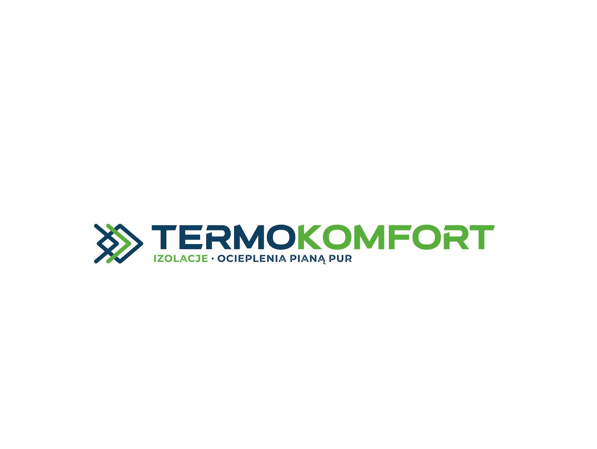 Logo firmy Termokomfort w kolorach zielonym i niebieskim, z hasłem 'Izolacje • Ocieplenia Pianą PUR'.