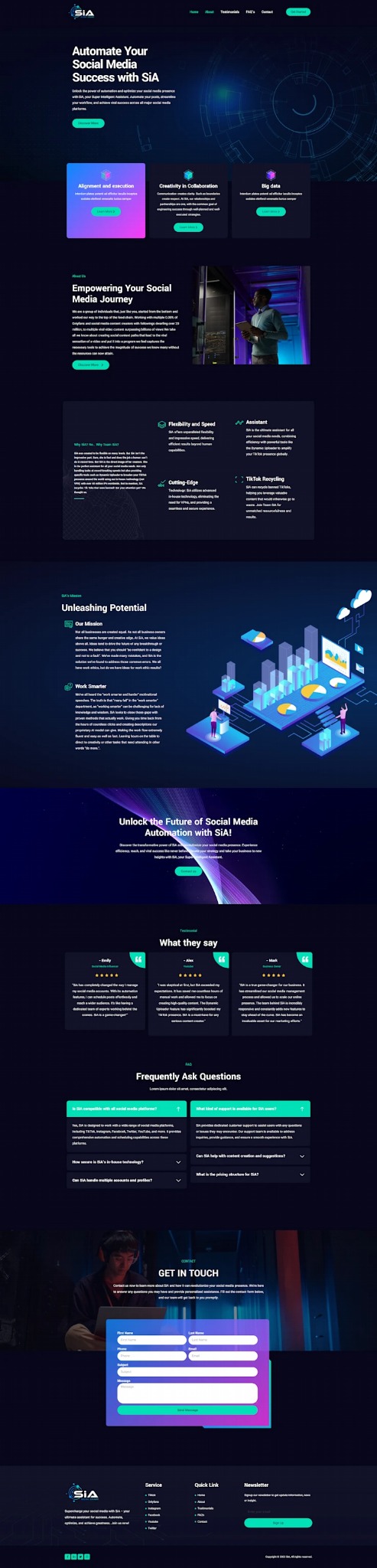 Strona internetowa prezentująca platformę do automatyzacji mediów społecznościowych z grafiką ilustrującą analizę danych i interakcję użytkowników.