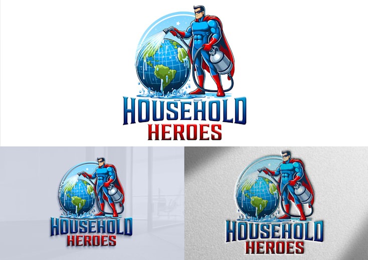 Kreskówkowy superbohater w niebieskim kostiumie i czerwonej pelerynie spryskuje wodą globus; logo 'Household Heroes' w niebiesko-czerwonej kolorystyce.
