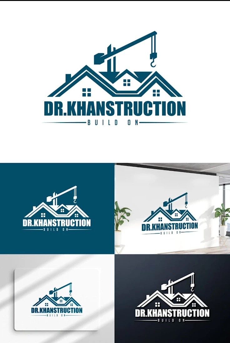 Prezentacja logo firmy budowlanej DR.KHANSTRUCTION z motywem domów i dźwigu w różnych wariantach kolorystycznych i na różnych tłach.
