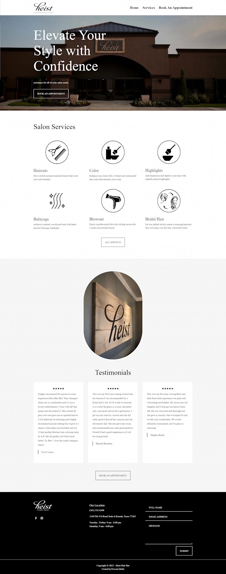 Strona internetowa salonu fryzjerskiego Heist Hair Bar z ofertą usług: strzyżenie, koloryzacja, balayage, modelowanie, fryzury ślubne oraz sekcja z opiniami klientów.