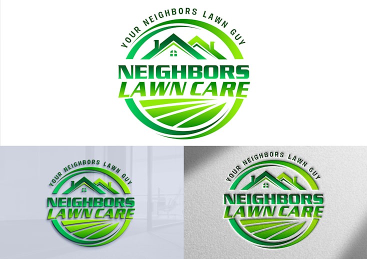 Logo firmy zajmującej się pielęgnacją trawników, przedstawiające stylizowany krajobraz z domami i napisem 'Neighbors Lawn Care', zaprezentowane w trzech wariantach: na białym tle, z efektem 3D...