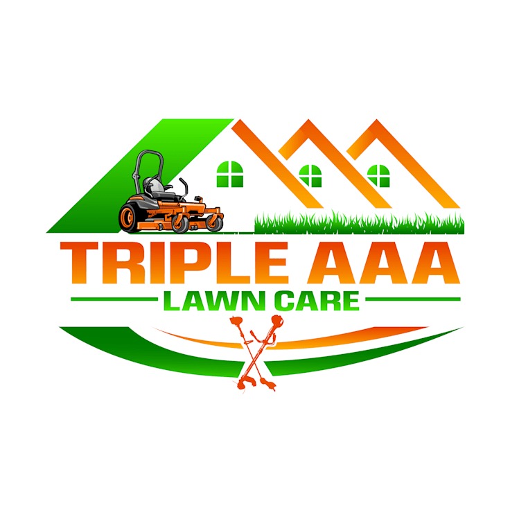 Ilustracja logo firmy oferującej usługi pielęgnacji trawników, z kosiarką samojezdną, trymerami i stylizowanym domem w kolorach zieleni i pomarańczy.