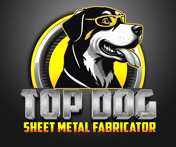 Ilustracja logo firmy blacharskiej: stylizowany pies rasy rottweiler w okularach, umieszczony na tle metalowej obręczy z żółtą obwódką, nad napisem 'TOP DOG SHEET METAL FABRICATOR' wykonanym...