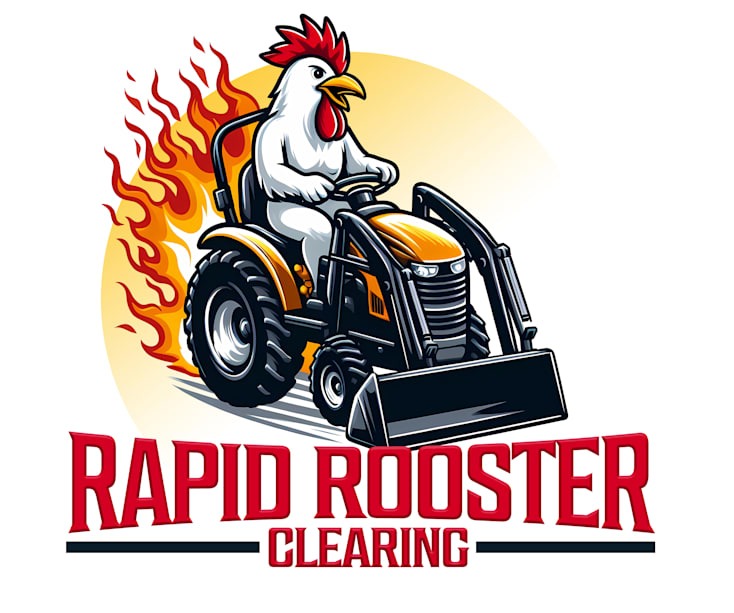 Logo firmy z Katowic przedstawiające animowanego koguta prowadzącego traktor z pługiem, otoczonego płomieniami, z napisem 'Rapid Rooster Clearing'.