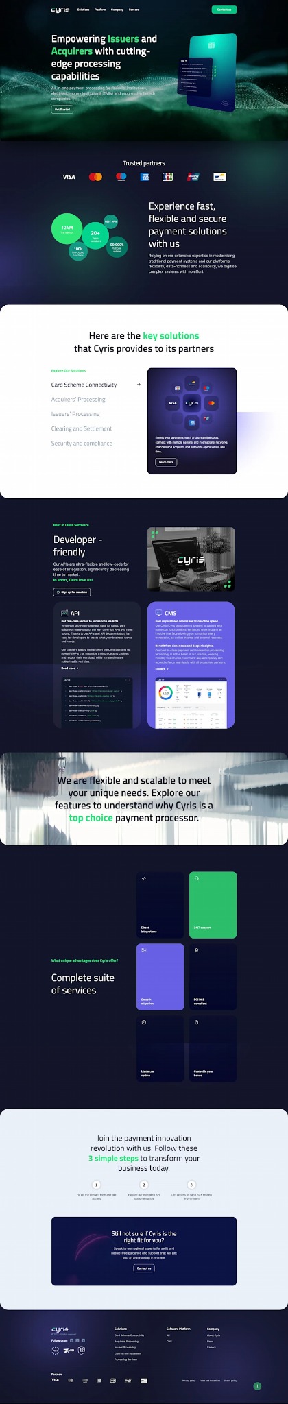 Strona internetowa prezentująca rozwiązania płatnicze dla firm, z grafikami interfejsów API, CMS i integracji kart płatniczych.