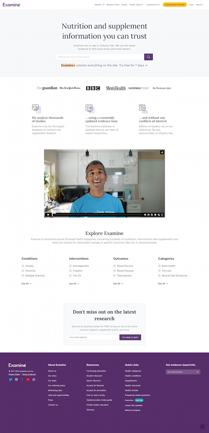 Homepage of Examine.com, a website providing evidence-based nutrition and supplement information, featuring a video of a person explaining the site's features and sections dedicated to conditions...