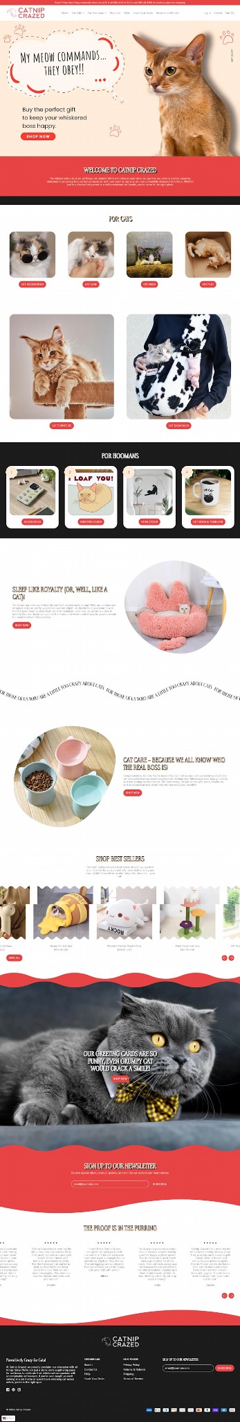 Strona internetowa sklepu z akcesoriami dla kotów, prezentująca produkty i hasła reklamowe.