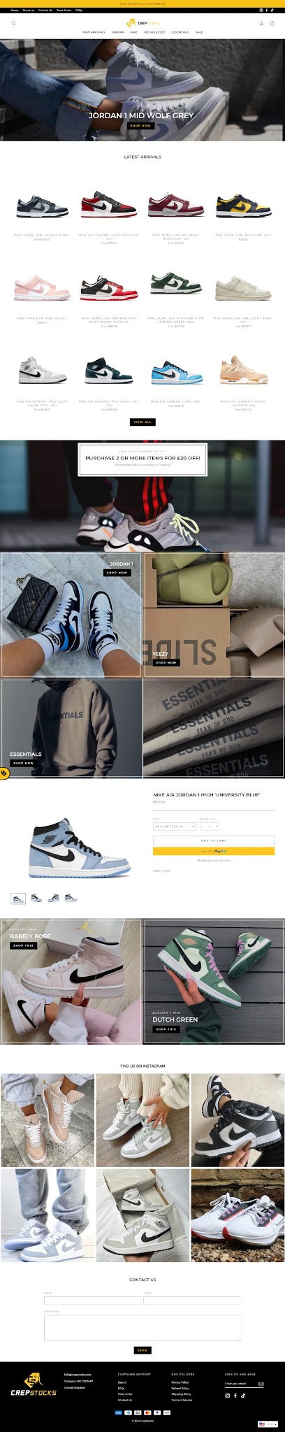 Zrzut ekranu strony internetowej sklepu obuwniczego z ofertą różnych modeli sneakersów Nike Jordan, w tym wersji 'Wolf Grey', 'University Blue' i 'Dutch Green', oraz sekcjami 'Latest Arrivals'...