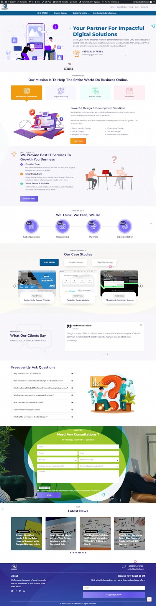 Strona internetowa firmy IT z sekcjami dotyczącymi usług, case studies, opinii klientów, FAQ i formularzem kontaktowym, utrzymana w nowoczesnej stylistyce z ilustracjami.