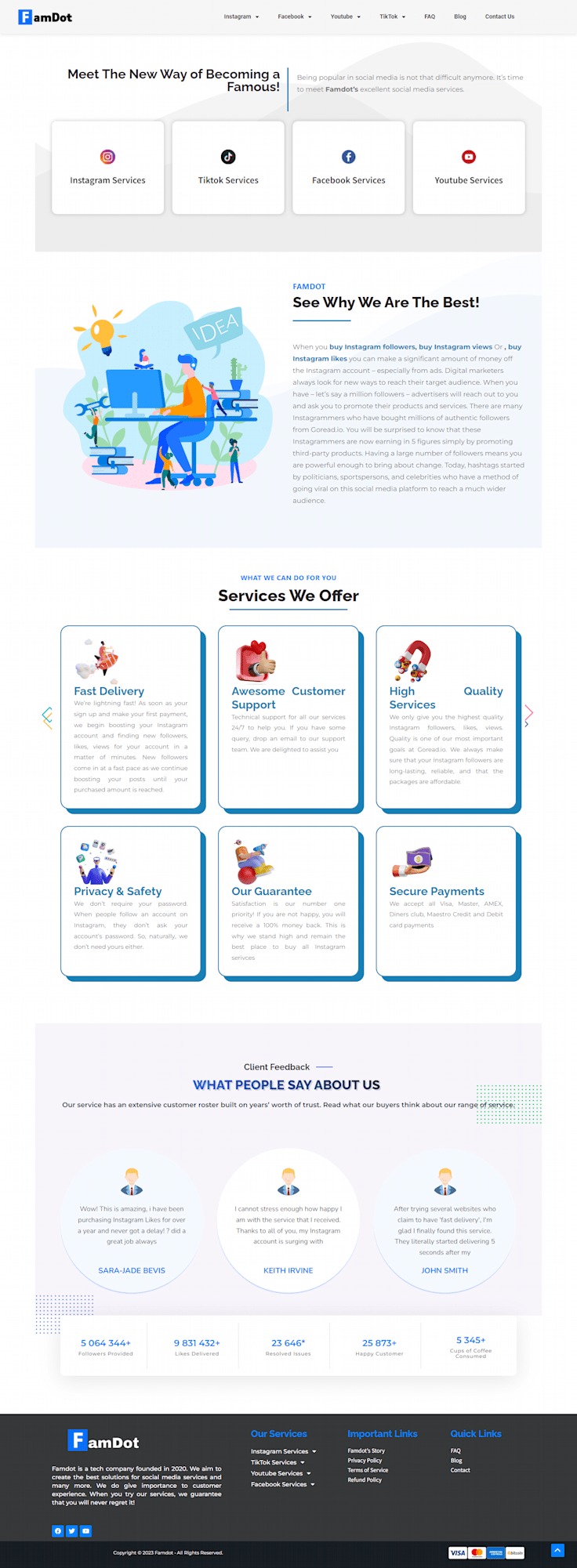 Strona internetowa firmy FamDot oferującej usługi związane z mediami społecznościowymi, z ikonami Instagram, TikTok, Facebook i YouTube, podkreślająca szybką dostawę, obsługę klienta, wysoką jakość...