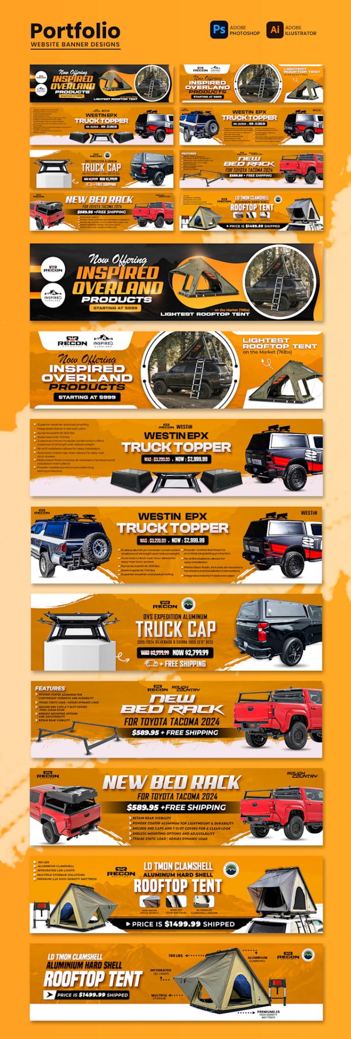 Projekt banerów reklamowych prezentujący ofertę akcesoriów samochodowych, takich jak nakładki na skrzynię ładunkową, bagażniki dachowe i namioty dachowe, z logo firmowym i cenami.