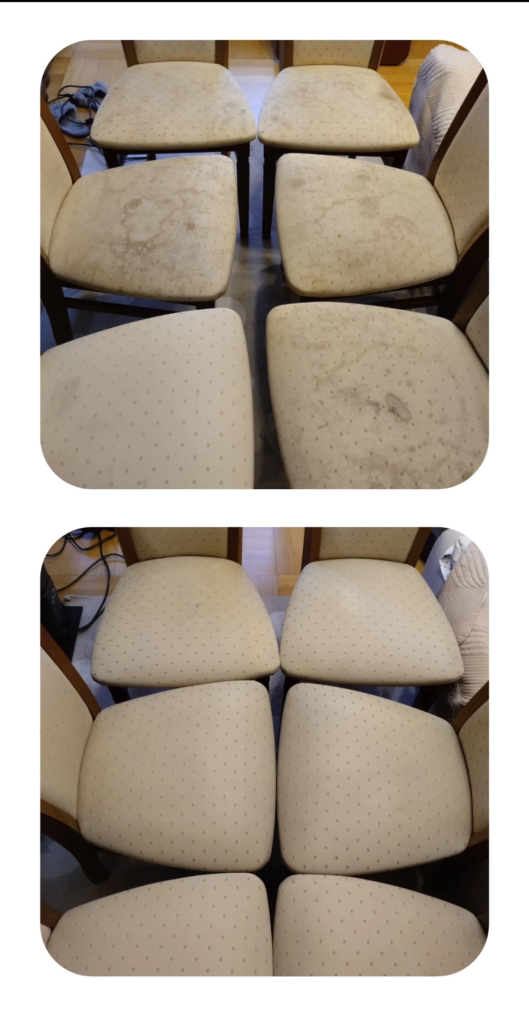 Kolekcja krzeseł tapicerowanych z beżową tkaniną w drobne wzory, ukazująca różnicę w czystości: górna część przed czyszczeniem z widocznymi plamami, dolna część po czyszczeniu z odświeżonym wyglądem.