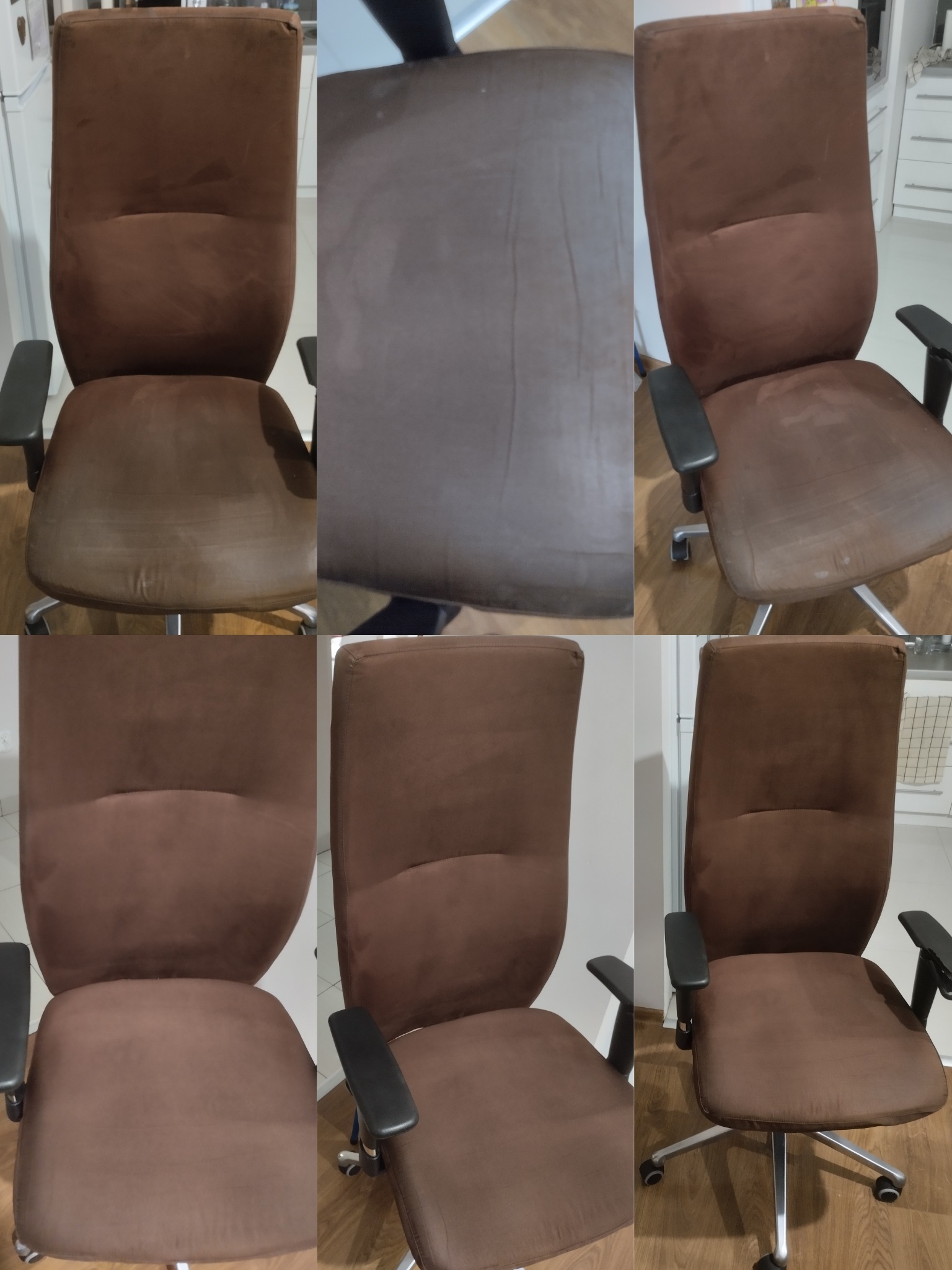 Porównanie: Brązowe krzesło biurowe tapicerowane, widoczne różnice w odcieniu i czystości tapicerki przed i po czyszczeniu.