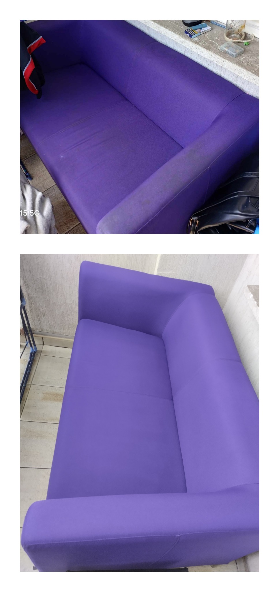 Fioletowa kanapa narożna: ujęcie przed i po czyszczeniu, widoczne różnice w czystości i odświeżeniu koloru tapicerki.