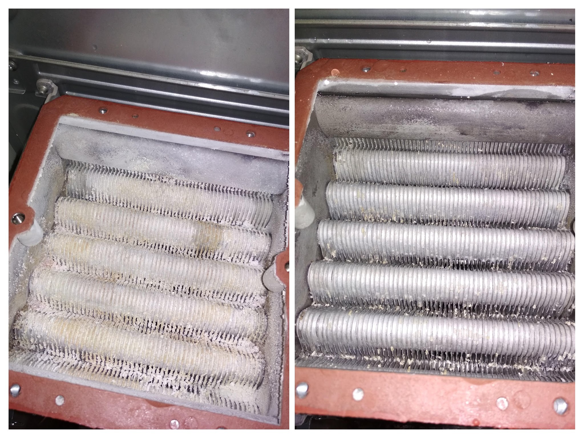 Wymiennik główny - Kocioł gazowy Ariston przed i po czyszczeniu.