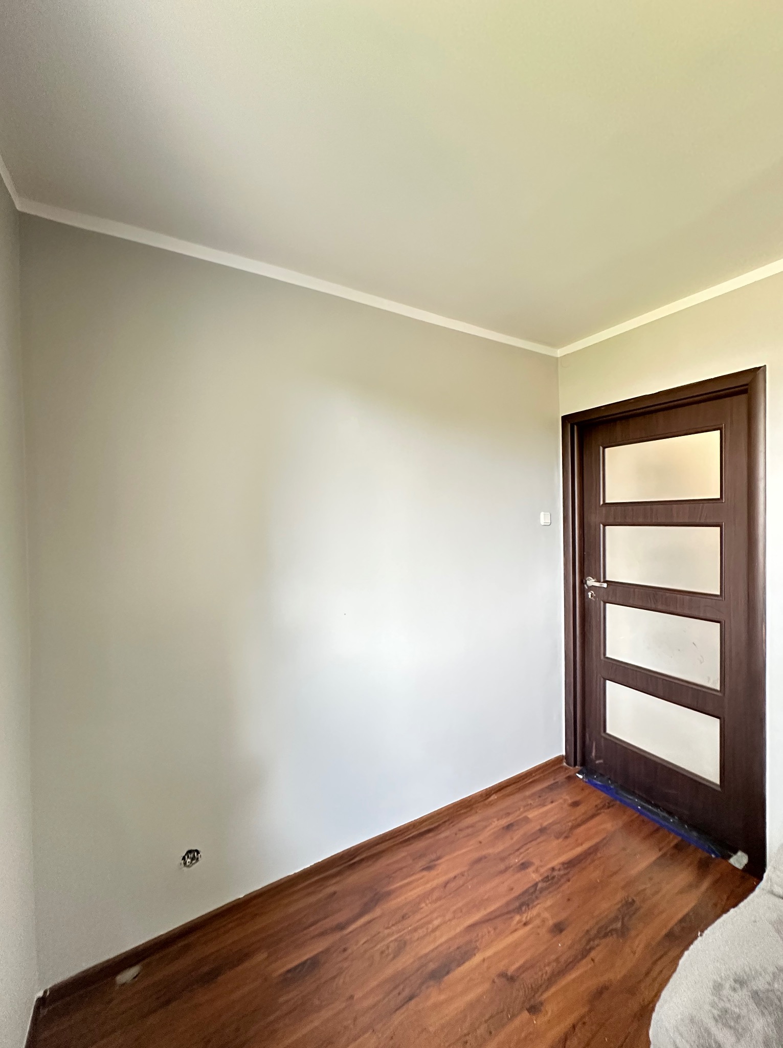 Pomalowane na szaro wnętrze pokoju z drewnianą podłogą i drzwiami z trzema szybami, widoczne gniazdko elektryczne na ścianie.