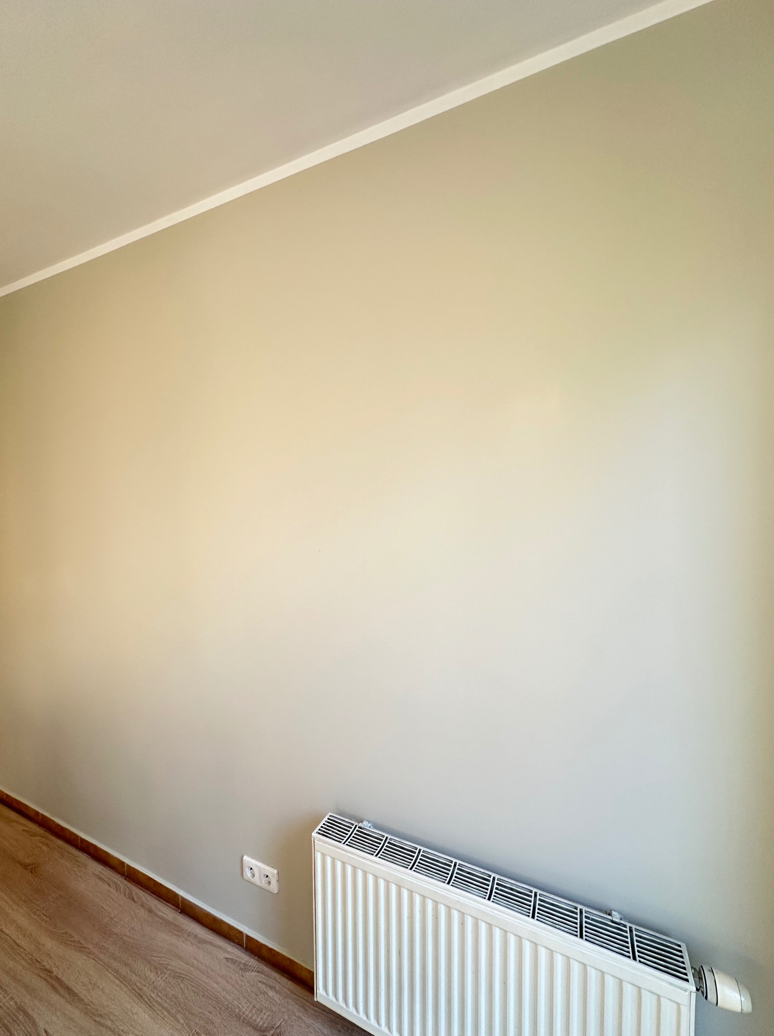 Ściana pomalowana na jasny, neutralny kolor z widocznym grzejnikiem, gniazdkiem elektrycznym i fragmentem podłogi z paneli. Widoczna listwa przypodłogowa i biała listwa sufitowa.